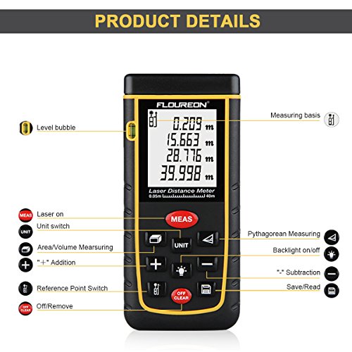 FLOUREON laser Entfernungsmesser Distanzmessgerät distanz messgerät 0,05-40 m Messbereich +/- 2mm Messgenauigkeit digitaler entfernungsmesser Laser Distanzmessgerät - 3