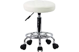 KKTONER Round Rolling Stool Chair PU Leather Height Adjustable Swivel Drafting Work SPA Shop Salon Stools with Wheels Office Chair Small (White)