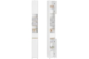 SoBuy Tall Bathroom Cabinet 20cm, Cupboard Bathroom Storage Unit Freestanding, Water-Resistant MDF with Adjustable Shelves, White and Natural W20 x D20 x H180cm BZR34-WN
