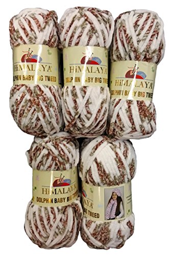 5 x 100 Gramm Big Tweed Wolle braun beige weiß zum stricken und häkeln, 500 g Strickwolle super Bulky (Farbnummer: 82106)