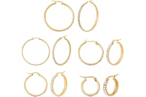 DICOSMETIC 5 Pairs 5 Size Crystal Rhinestone Hoop Earring Circle Hoop Earring 18/26/30/40/50.5mm Golden Round Hoop Earring Rhinestone Bridal Earring Stainless Steel Earring for Party Gift Wedding