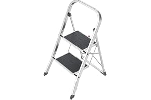 Hailo K70 StandardLine Alu-Klapptritt-Leiter - 2 große Stahl-Stufen mit Anti-Rutsch-Matten belastbar bis 150 kg - Trittleiter mit Klappsicherung - besonders leicht und einfach zu verstauen - Silber