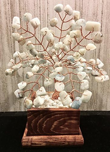 Aquamarine Crystal Gemstone Bonsai Tree Of Life,Feng Shui, Wire Art Décor, Healing Gemstone Wire Tree Sculpture In Wood Pot, March Birthstone