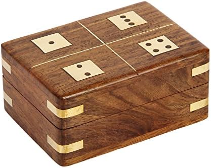 Icrafts India Wooden Handmade Dice Box with Set of 5 Dice Deluxe Storage Case Brass Decorative for Kids