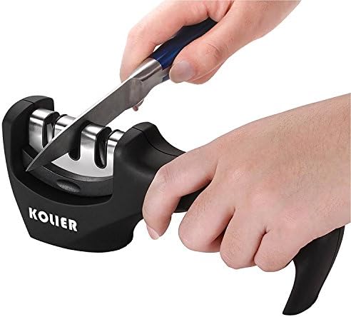 KOLIER Knife Sharpener, 3 Stage Manual Kitchen knife-grinder, Diamond Coated Sharpening System for Kitchen Knives - Black