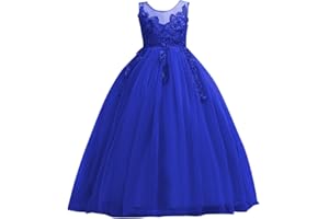 IWEMEK Kids Big Girls Tulle Lace Dress School Girls Communion Ball Gown Dance Pageant Birthday Christmas Party Prom Evening Bridesmaid Wedding Flower Dress Sleeveless Floor Length 5-16 Years