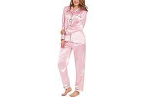 SWOMOG Women's Pyjama Set Silk Satin Long Sleeve Button Down Pyjamas Two Piece Comfy Sleepwear and Loungewear Set