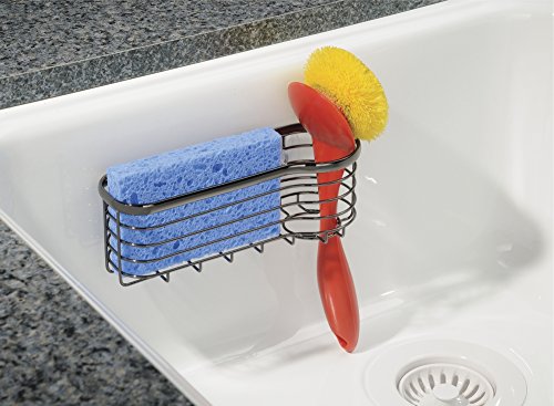 mDesign Schwammablage mit Saugnäpfen für Küchenspüle – Spülorganizer zur cleveren Aufbewahrung von Bürste, Topfschwamm, etc. – Spülbeckenablage auch für das Bad geeignet – Schwarz/Chrom - 2