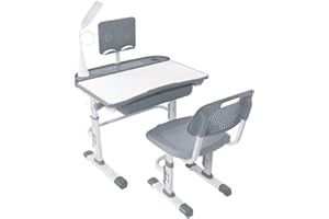 Yinleader Kids Juego de escritorio y silla para niños, mesa ajustable con lámpara de protección visual, soporte para libros, escritorio basculante ideal para escribir, leer y dibujar (gris)