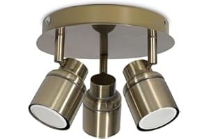 VALUELIGHTS 3 Way Round Ceiling Spotlight Adjustable GU10 IP44 Rated Bathroom Lamp Spot Light - Antique Brass + LED Bulbs 3000K Warm White
