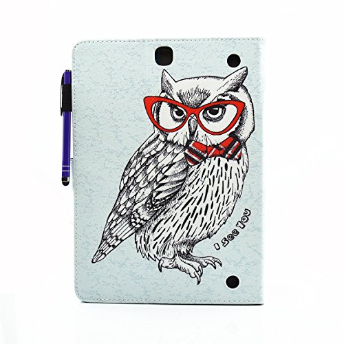 Etsue Kunstleder Schutzhülle für Samsung Galaxy Tab A 9.7/T550/T555 Leder Tasche Bookstyle Hülle Flip Case Wallet Cover, Bunte Retro Muster Schutz Hülle Etui Schale Weich TPU Innere mit Magnetverschluss Standfunktion Kartenfächer für Samsung Galaxy Tab A 9.7/T550/T555 + 1x Glitzer Staub Stecker + 1x Blau Eingabestift-Niedlich Eule - 2