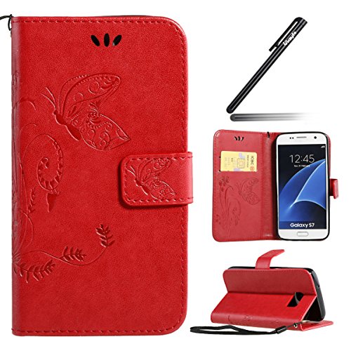Galaxy S7 Edge Hülle,Samsung Galaxy S7 Edge PU Leder Wallet Brieftasche Schutzhülle,Ukayfe [Schmetterling Blumen Muster] [Rot] PU Leder Flip Case im Bookstyle Folio Wallet Cover Ledertasche Schutzhülle Case Tasche mit Standfunktion und Karte Halter Lederhülle für Samsung Galaxy S7 Edge (Red Butterfly)