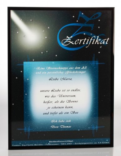 Geschenke 24: Sternschnuppe kaufen – Echte 4-6g Meteoriten mit personalisiertem Echtheits-Zertifikat hier als romantisches Geschenk bestellen und verschenken - 4
