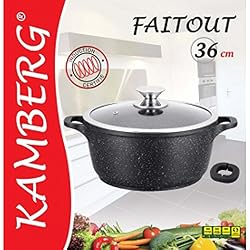 Kamberg - 0008035 - Faitout 36 cm - Fonte d'Aluminium - Revêtement type pierre - Couvercle en verre - Tous feux dont induction - Sans PFOA