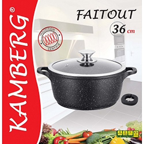 Kamberg - 0008035 - Faitout 36 cm - Fonte d'Aluminium - Revêtement type pierre - Couvercle en verre - Tous feux dont induction - Sans PFOA