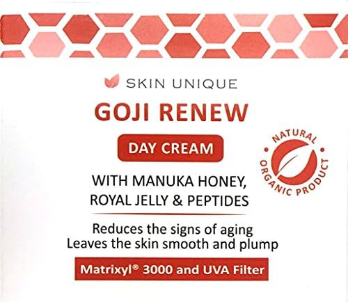 Goji Renew Day Cream 50 ml - Natural &amp; Organic anti-ageing facial moisturiser and wrinkle filler with UVA Filter, Q10, Manuka Honey, Royal Jelly and Matrixyl 3000