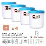 4 tapers redondos de 1 Litro de capacidad. Medidas 12 x 12 x 12.5 cm. Fabricado en España con la garantía de Plasticos Tatay