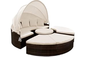 ‎CASARIA Casaria® Sonneninsel Lounge Set ø230cm Polyrattan Faltbares Sonnendach Tisch 7cm Auflagen Wetterfest Outdoor Sonnenliege Gartenliege Braun