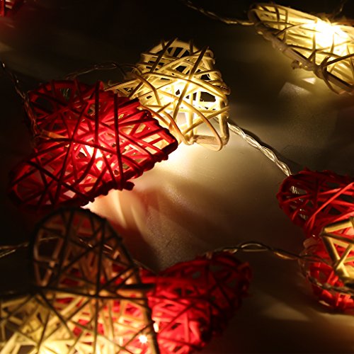 LED Herz Lichterkette 20er Partylichterkette Weihnachtslichterketten Deko für Innen Balkon Party Hochzeit Weihnachten batterie-betrieben Rattan Gewebe rot warmweiß 3.55m