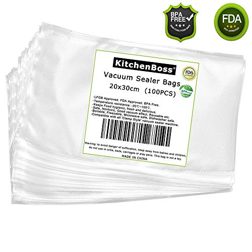 KitchenBoss Vacuum Sealer Bags 100pcs 20 * 30cm, Thick Embossed Bags, Food Preserving Storage Bags for Food Saver and Sous Vide