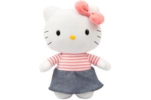 Hello Kitty Giochi Preziosi Morbido Peluche 30 cm con Outfit alla Moda, Tutina Rosa, Fiocco Rosso, Maglia A Righe Rosse Adatto per Bambini dai 3 Anni