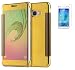 Produktbild Samsung Galaxy J5(2015)/J5 Duos/J500FN Smart Case Hülle mit Panzerglas,ISENPENK Ultra Slim Electroplate Überzug Spiegel TPU+PC(PU Leder Verbinden) Leder Case,Original Flip Bookstyle Wasserdicht Shockproof Anti Slip Protection Stoßfest Leder Tasche,Clear Durchsichtig Transparent Frontabdeckung Outdoor Stoßdämpfend Plating Mirror Schutzhülle Handyhülle für Samsung Galaxy J5(2015)/J5 Duos/J500FN 5.0Zoll-[gold]+Panzerglas/Schutzfoile/Scutzglas