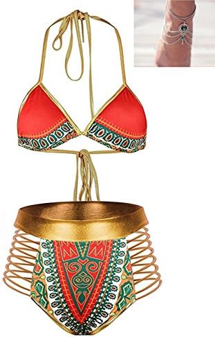 BLZ Women Tribal Print Bikini African Metallic Swimsuit Two Piece Beachwear Cutout Halter Neck Bathing Suit Swimwear S-3XL + a free gift