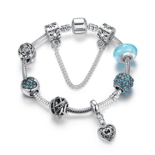 Bracelet Fille Ado en Argent 925 Plaqué,Bleu Verre Perles CUr Breloque,Bijoux Fantaisie,Cadeau