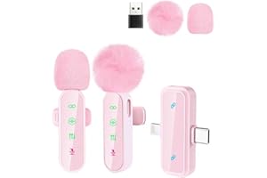 BAYANBULU Wireless Mini Lavalier Lapel Microphone for iPhone iPad & Android Phone, 2 in 1 Lapel Mic for Video Recording- Clip on Dual Mics with Noise Reduction for Video YouTube Tiktok Podcast Vlogging (Pink)