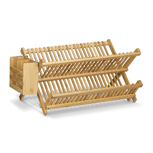 Relaxdays Abtropfgestell CROSS mit Besteckkorb HBT 24 x 46 x 28 cm Abtropfgitter Bambus klappbar für große Teller und Tassen als Geschirr Abtropfkorb und Holz Geschirrkorb mit Bestecksammler, natur - 3