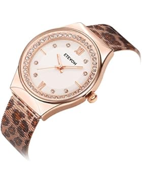 ETEVON Women's Quartz Leopard Mesh Strass Armbanduhr mit Crystal Rose Gold Case Edelstahl wasserdicht, Unique...