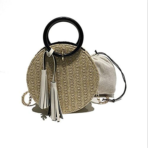 Round Circular Rattan Wicker Straw Woven Crossbody Beach Bag Basket Gift (Beige)