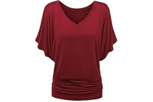 TIMEMEAN Femme Blouses Chemise à Manches Chauve-Souris Et Ourlet Replié Tunique De Couleur Unie à Manches Courtes Et Col en V De Grande Taille