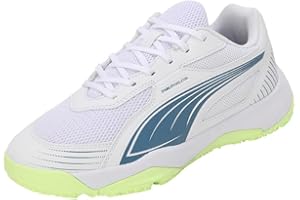 PUMA Unisex Youth SOLARFLASH III JR Indoor Court Shoe, PUMA White-Blue Horizon-Fizzy Apple, 4 UK