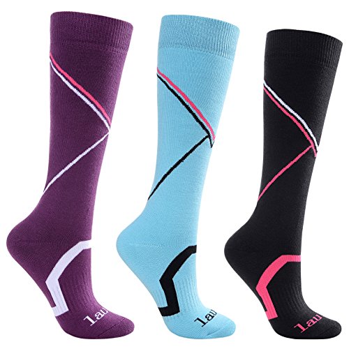 Laulax 3 paires de Longues Chaussettes mi-bas de ski pour femme toucher cachemire, taille 36 - 40, boîte cadeau, Violet, Bleu, Noir