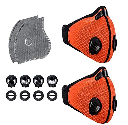 Máscara Antipolvo Carbono Activado para Ciclismo para Hombres y Mujeres, a Prueba de Polvo con filtros Extra y Válvulas, para Gas de Escape, PM2.5, Correr, Ciclismo, Actividades al -2 Naranjas