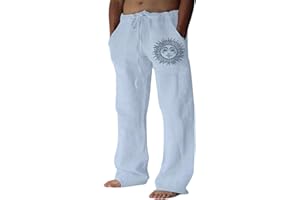 Puimentiua Pantalones Lino Hombre Verano Casual Pantalon Anchos Hombre de Lino y Algodón Transpirables Cómodos con Cordón Bolsillos Laterales Elegantes para Vacaciones Playa