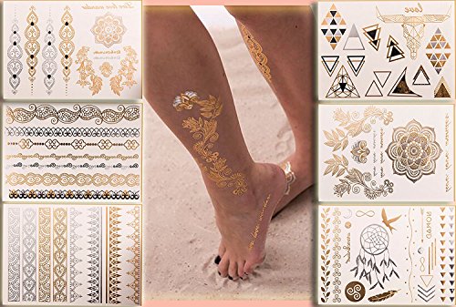 Preisvergleich Produktbild Flash Tattoo Beauty Box Eure Lieblinge / Armbänder Fußketten Dreiecke Fingertattoos Traumfänger Vogel Tattooblumen Feder / Eine Set von Klebetattoos mit 6 Sheets und 70 Gold und Metallic Motive / Original POSH Tattoo®
