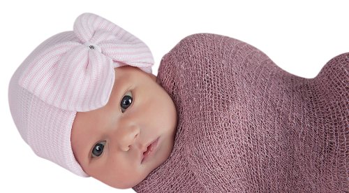 Melondipity Pink & White Striped Nursery Big Bow with Gem Newborn Girl Hospital Hat