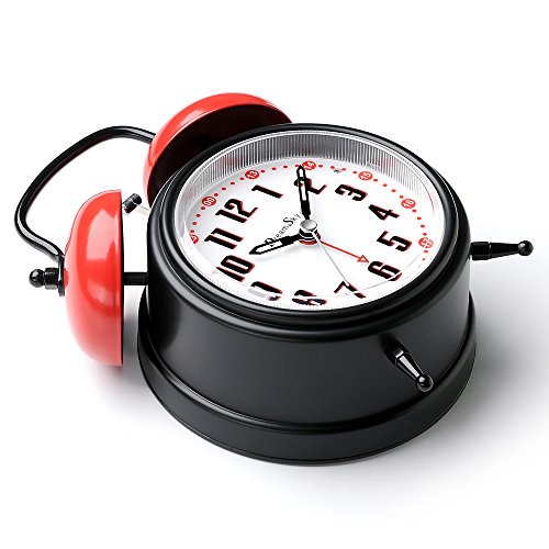 DreamSky Doppelglockenwecker mit sensorgesteuerter Lichtfunktion, Nachtlicht und Schlummerfunktion, 4 Zoll großes Zifferblatt, Analog Quarzwecker mit lautem Alarm, kein Ticken, geräuschlos, Batteriebetrieben, Schwarz&Rot - 5