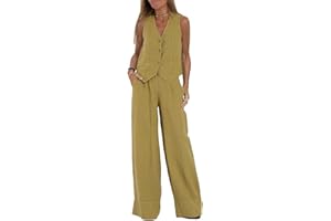 HUANGJB Conjunto de 2 piezas para mujer, cuello en V, sin mangas, con botones, pantalones de pierna ancha, traje de 2 piezas, conjunto de lino a juego de verano