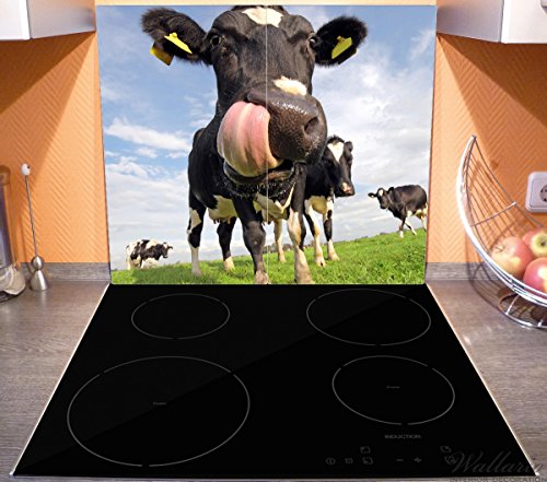 Wallario Herdabdeckplatte / Spritzschutz aus Glas, 2-teilig, 60x52cm, für Ceran- und Induktionsherde, Lustige Kuh auf der Weide mit herausgestreckter Zunge - 3