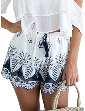 Simplee Apparel Damen Sommer Shorts High Waist Bmumen Stickerei Hot Pants Baumwolle Kurz Hose mit Quasten-Tunnelzug...