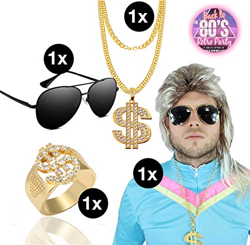 TK Gruppe Timo Klingler Fasching Karneval Kostüm Set Erwachsene Vokuhila Assi Perücke 80er 90er Jahre Kleidung Kostüm mit Brille Pilotenbrille Goldkette Ring Gold Dollar