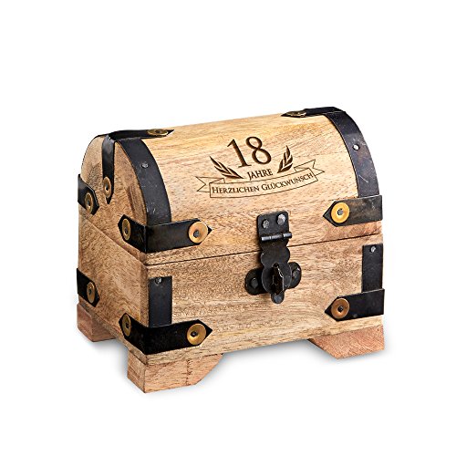 Geld-Schatztruhe zum 18. Geburtstag mit Gravur - Klein - Hell - Bauernkasse - Schmuckkästchen - Spardose - Aufbewahrungsbox aus Holz - lustige und originelle Geburtstagsgeschenk-Idee - 10 cm x 7 cm x 8,5 cm