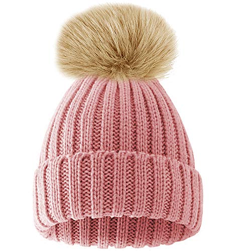 Womens Ladies Winter Rib Knitted Beanie Hat with Detachable Chunky Faux Fur Bobble Pom Pom