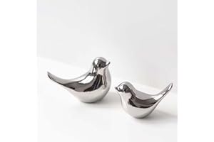 Tibeoyad 2 Stück Kleine Vögel Statuen, Keramik Vogel, Moderne Tier Vogel Skulpturen für Landschaft Garten Home Office Desktop Display Dekor (Silber)