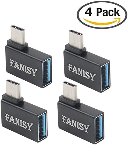 USB C OTG Adapter for Macbook Pro 4 Type-C Ports Side by Side ,FANISY Angled 90 Degree Type-C Male to USB-A 3.0 Female Adapter Aluminum Charge Sync for All USB-C Enabled Devices (Black 4-Pack)