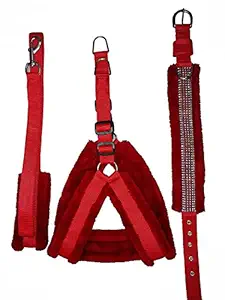 Ocean Wave Nylon Dog Harness Leash and Collar Set with Soft Fur, Red (1-inch, Medium)