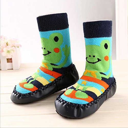 Bebedou Blue Colourful Frog socks 12 to 18 months Baby Toddlers Kids Comfy Indoor Slippers Shoes Socks Moccasins NON SKID Indoor Shoes Socks Durable Multifunctional slip baby booties breathable toddler elastic, boys girls warm and thick socks with soft leather sole 14 cm